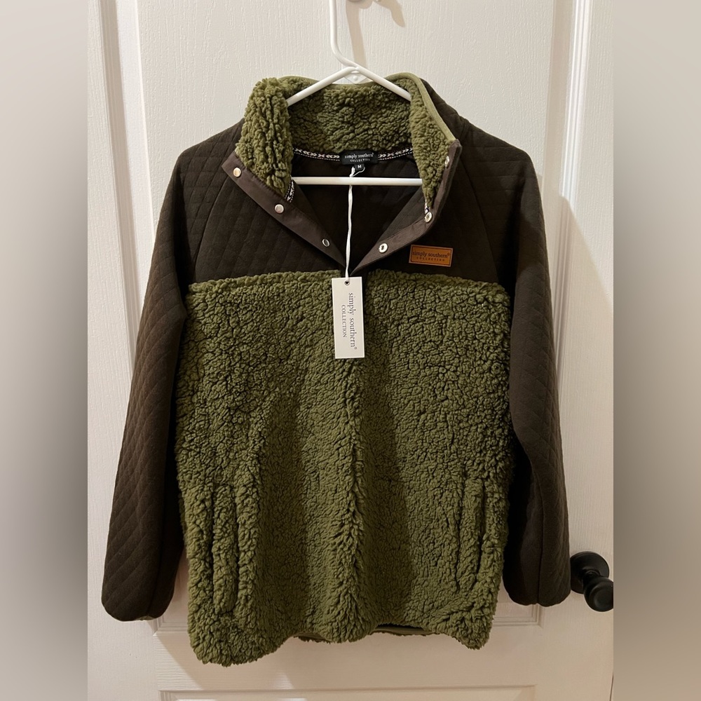 Simply Southern Pullover Quilted Sherpa Army Long Sleeve Jacket Size Medium